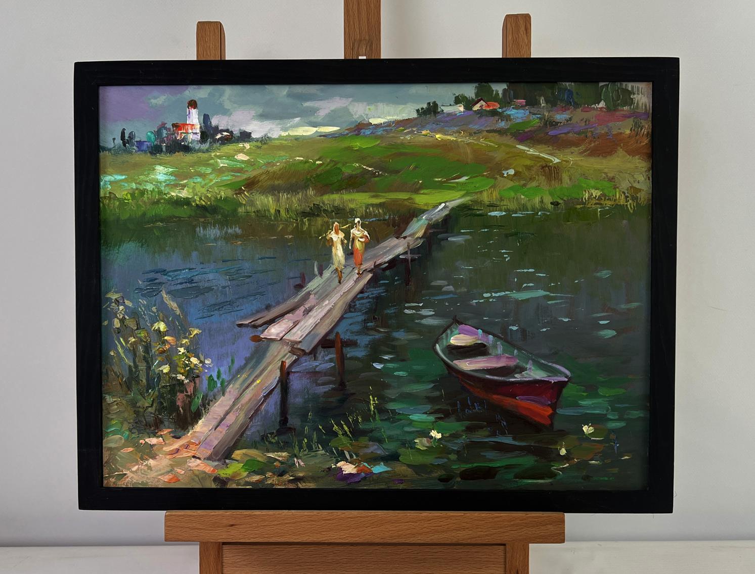 Oil painting by Yuriy Suprunchuk: Girls walking on rustic pier by river