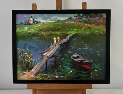 Oil painting by Yuriy Suprunchuk: Girls walking on rustic pier by river