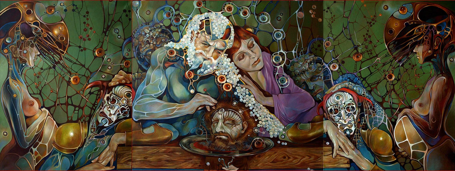 Oil painting Pistis Sophia by Konsta G. Amelinn, surreal triptych figure in blue robes