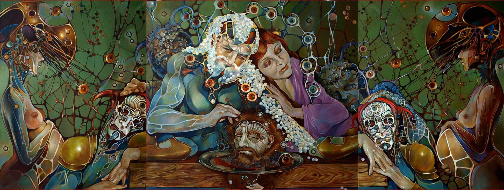 Oil painting Pistis Sophia by Konsta G. Amelinn, surreal triptych figure in blue robes