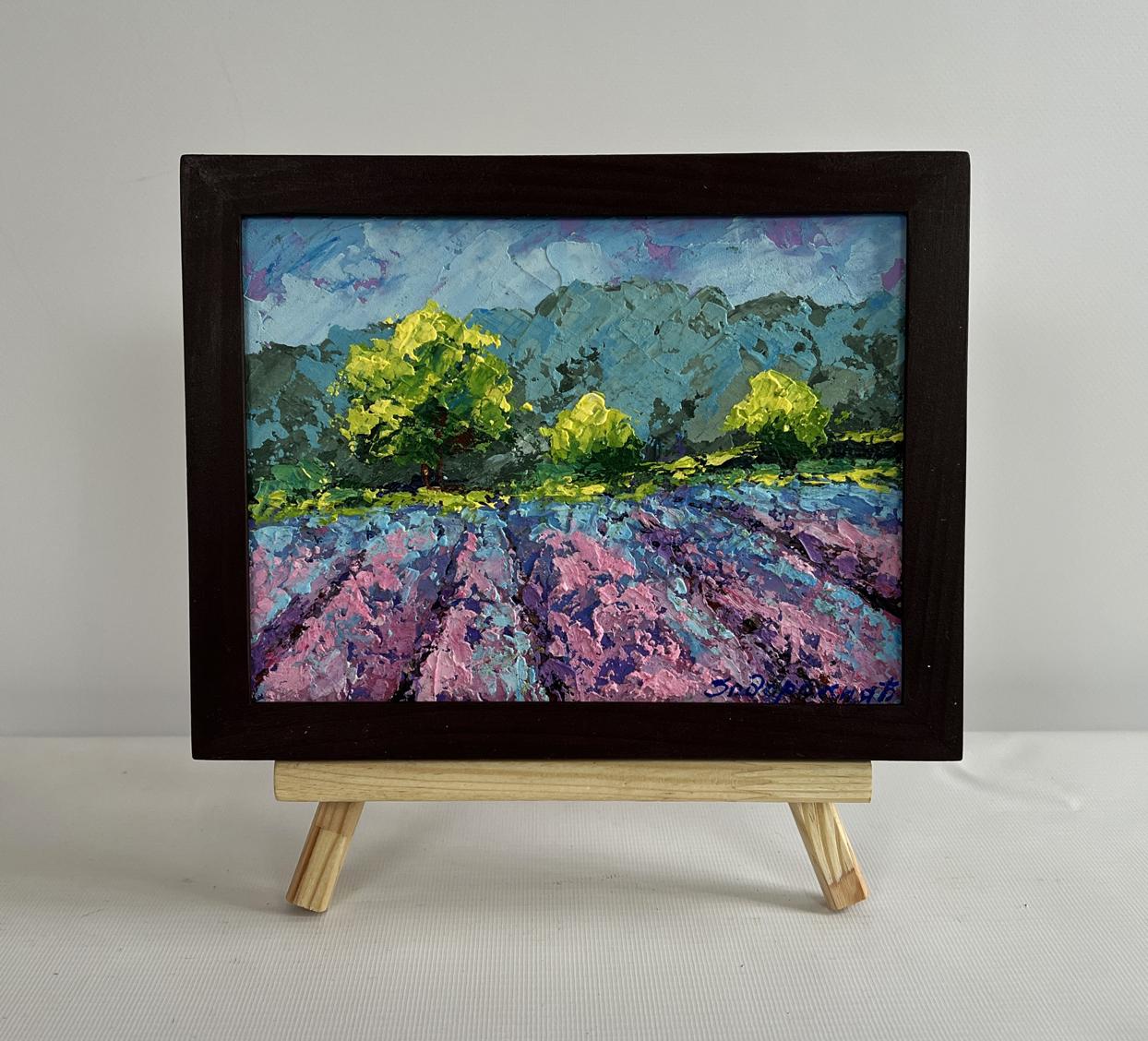 Framed oil painting of lavender field by V. Zadorozhnya, Floral glow under the sky