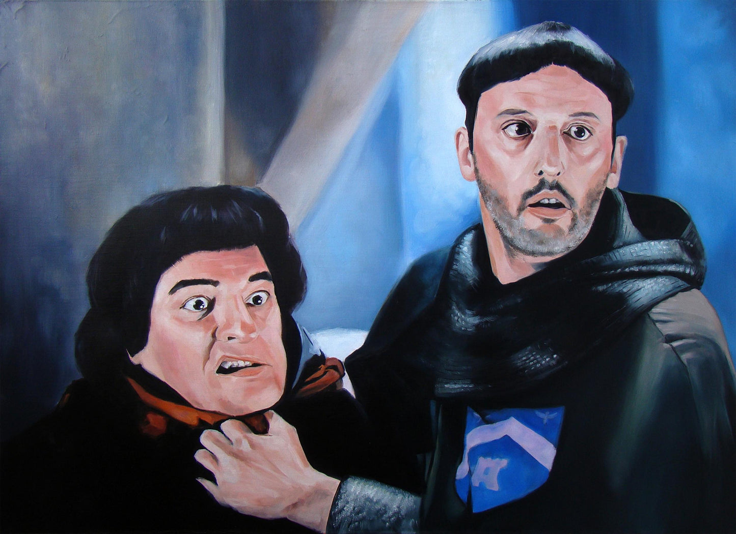 Oil painting Come on its not me by Yulia Lihina two men in medieval robes