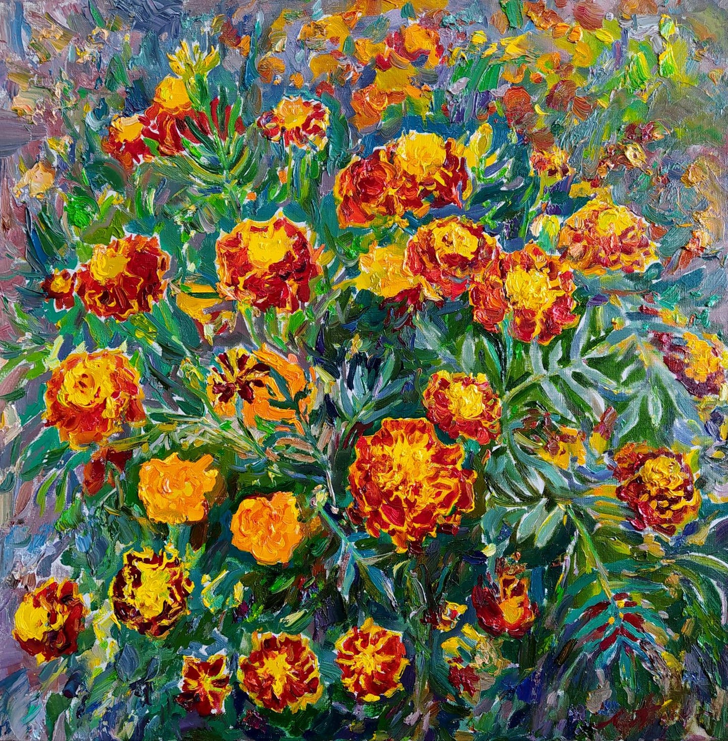 Oil painting of vibrant orange yellow marigolds by Leonid Pavlenko