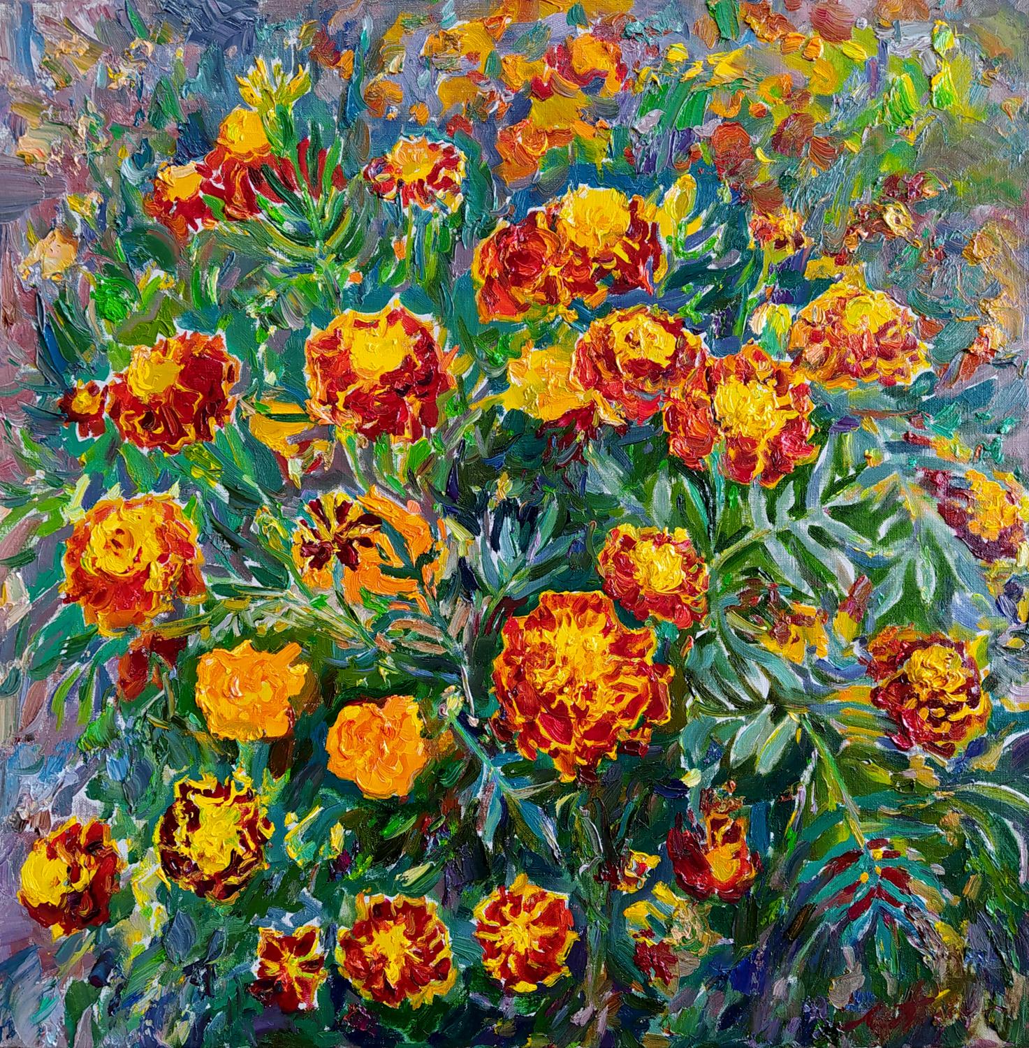Oil painting of vibrant orange yellow marigolds by Leonid Pavlenko