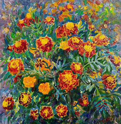 Oil painting of vibrant orange yellow marigolds by Leonid Pavlenko