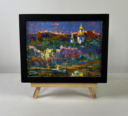 Oil painting Melody through the rural silence by Oksana Ivanyuk in black frame