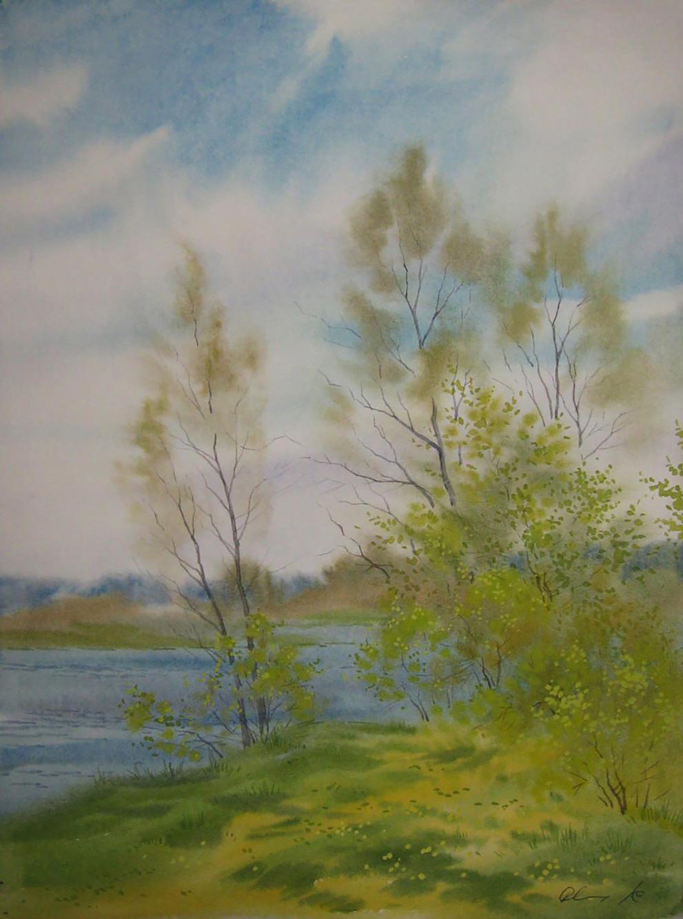 Watercolor Spring Breeze painting by Valery Savenets: green trees, blue river