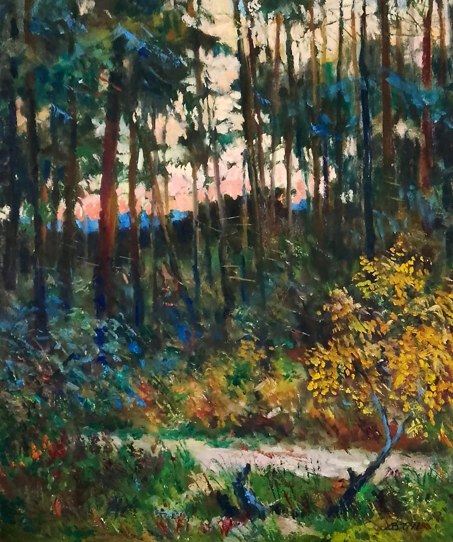 Vibrant impressionist oil painting of forest path at dusk by Vitaly Duhnevich