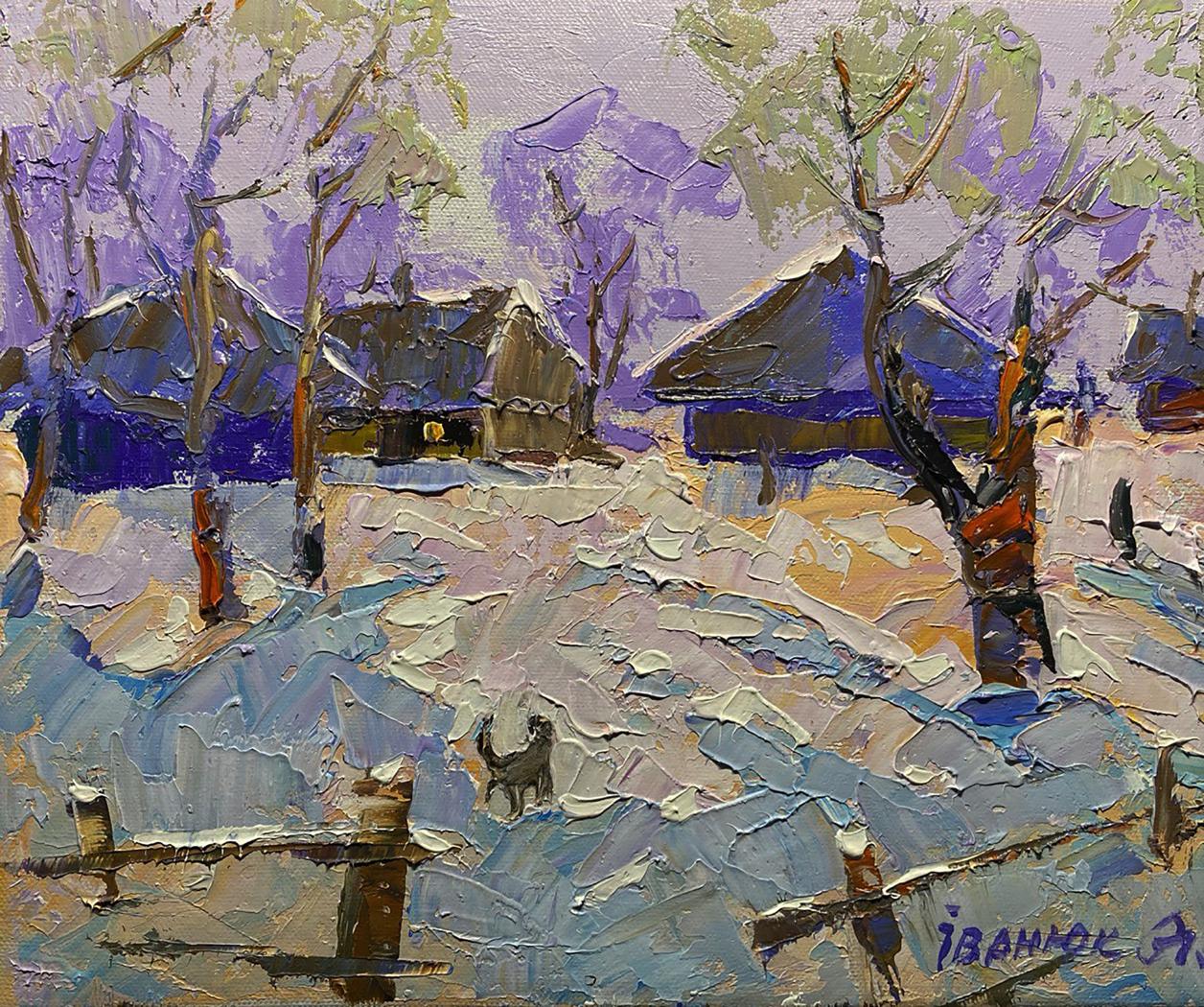Textured impressionist oil painting of snowy village by Oleksiy Ivanyuk