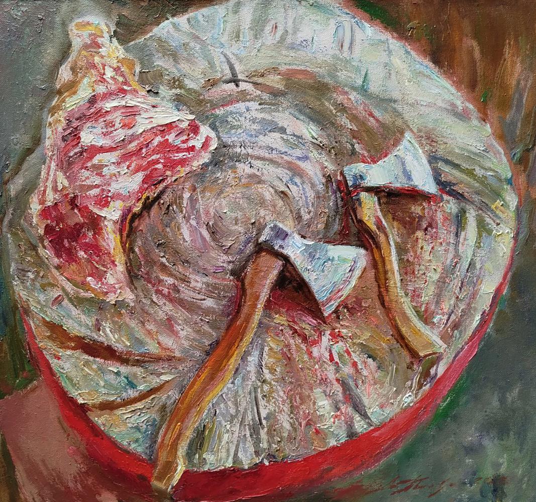 Oil painting Lunch break with meat by Leonid Pavlenko: red bowl of raw meat and axe