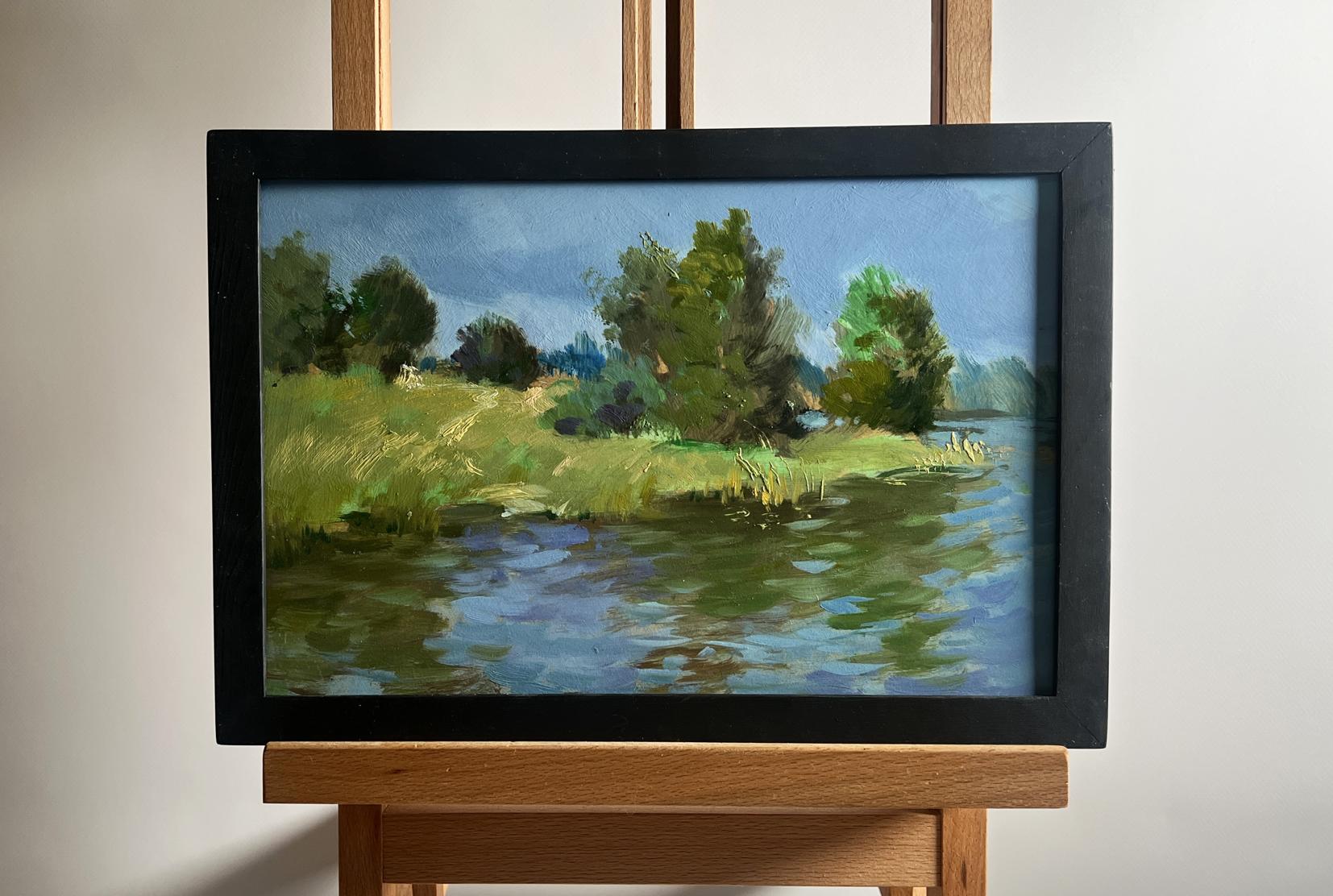 Oil painting A downpour is approaching by the river by Yuriy Suprunchuk in black frame
