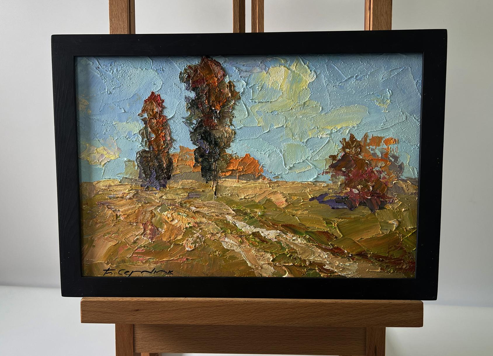 Oil painting Across the Autumn Field by Boris Serdyuk, textured autumn trees