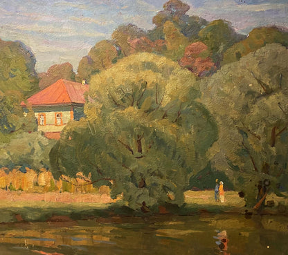 Oil painting by Nikolai Bortnikov: rustic wooden house with red roof by river and trees