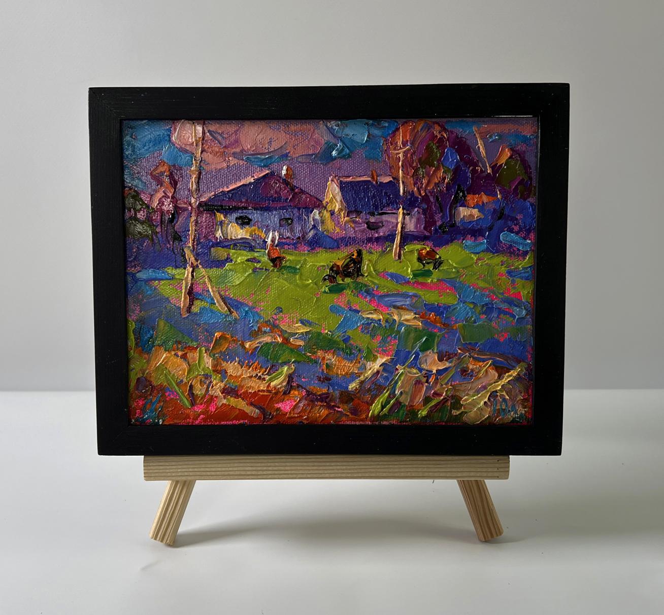 Oil painting Purple evening in the village by Oleksiy Ivanyuk in black frame