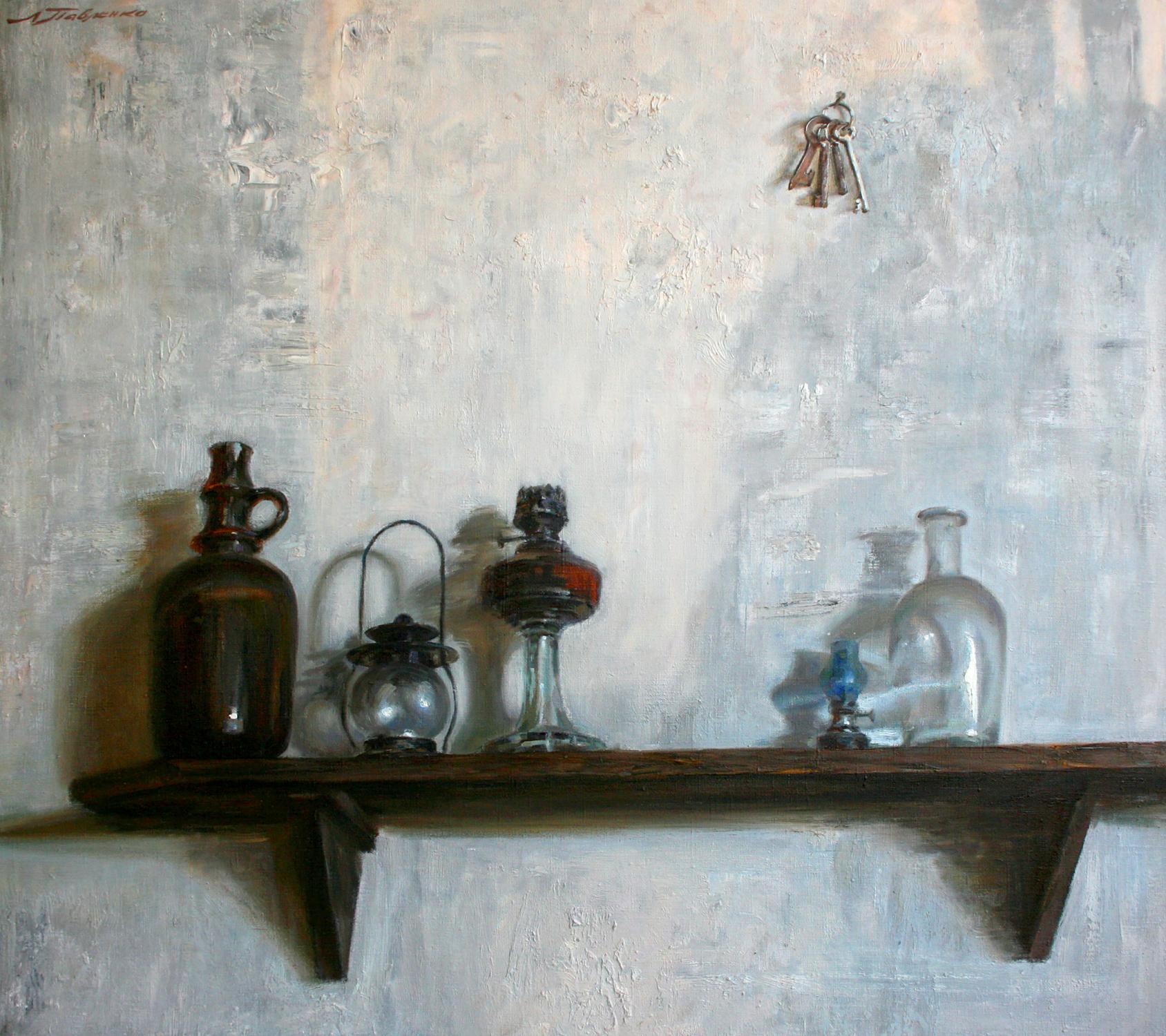 Oil painting by Leonid Pavlenko: dark amber glass jug on wooden shelf