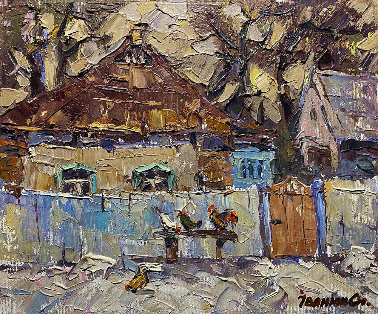Impasto oil painting of winter village by Oleksiy Ivanyuk with chickens