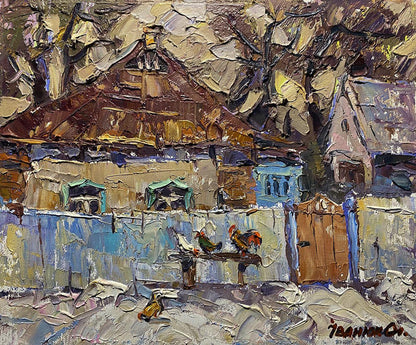 Impasto oil painting of winter village by Oleksiy Ivanyuk with chickens