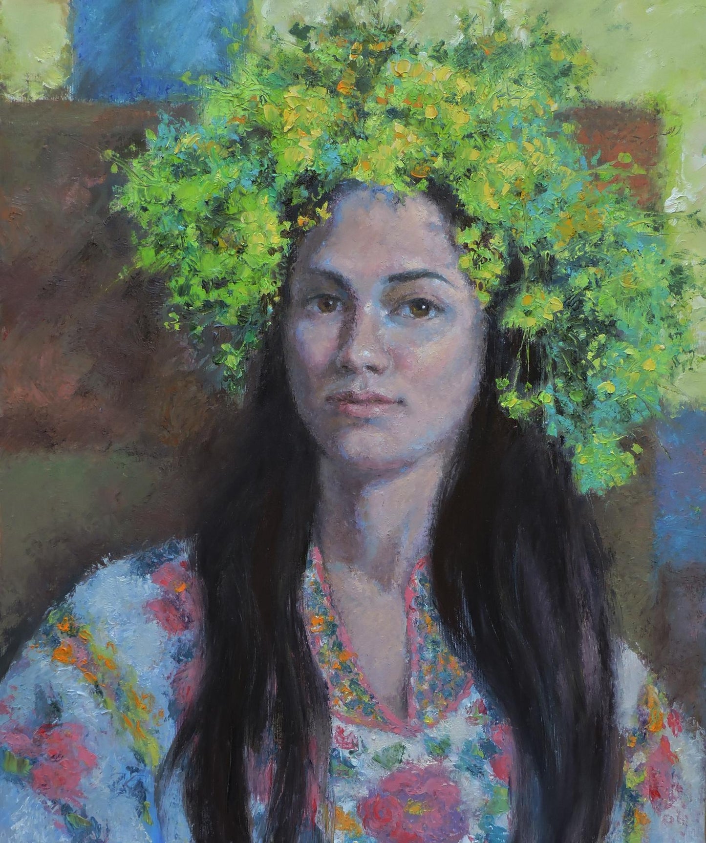 Oil painting portrait of girl with vibrant green yellow floral crown by Oksana Osnach