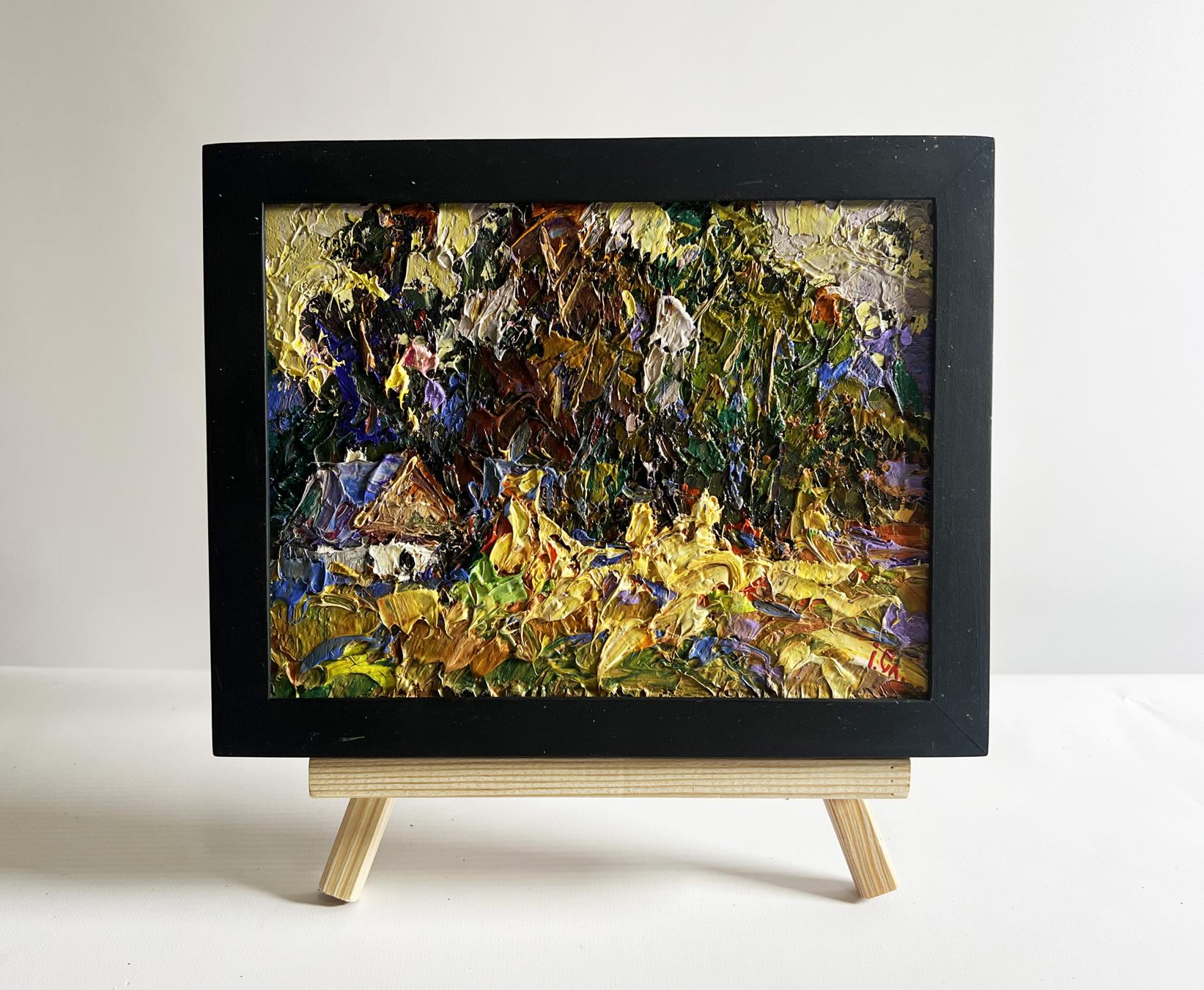 Oil painting of corn fields in village by Oleksiy Ivanyuk, framed