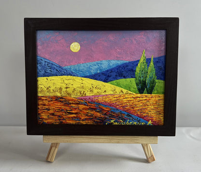 Oil painting by V. Zadorozhnya: pink sunset over plains in wooden frame