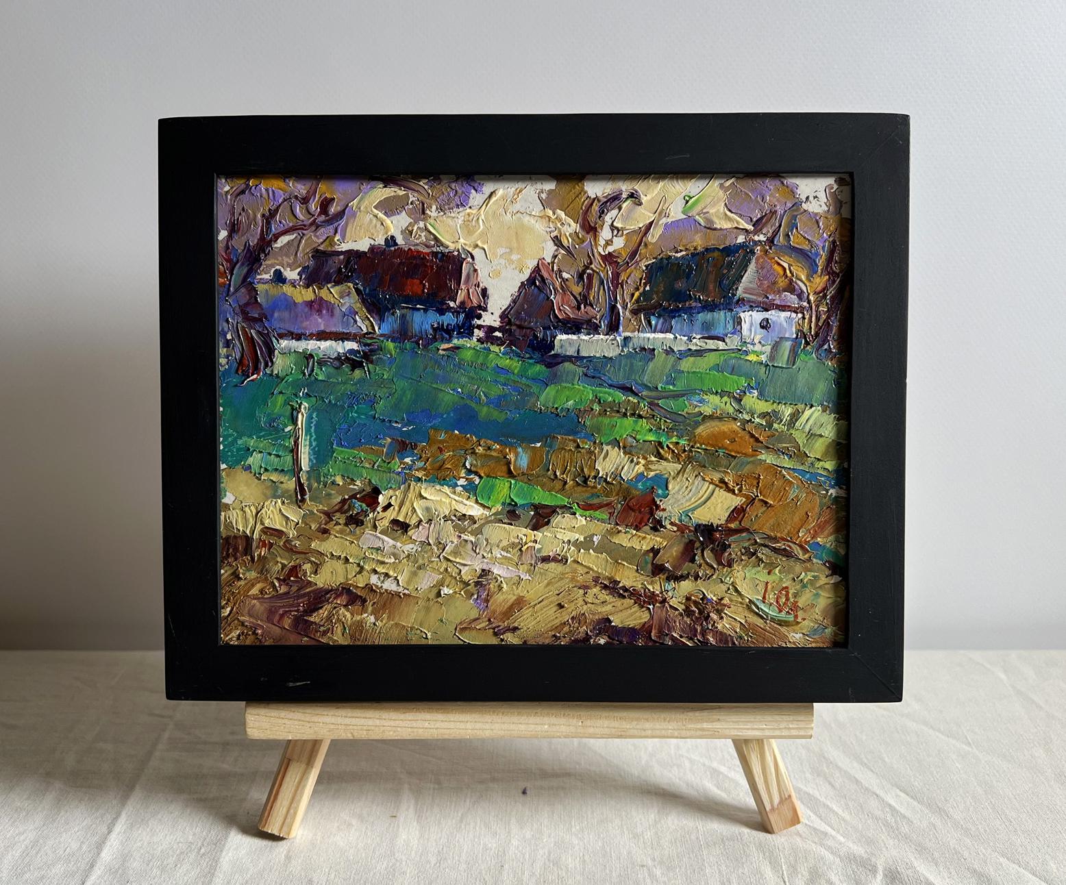 Vibrant oil painting Sunset behind the houses by Oleksiy Ivanyuk in black frame