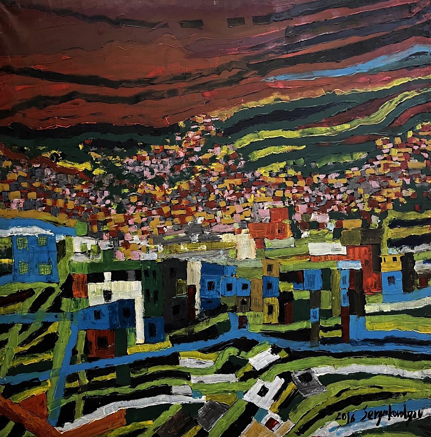 Vibrant oil painting Favelas by Serhiy Kovalev, colorful townscape