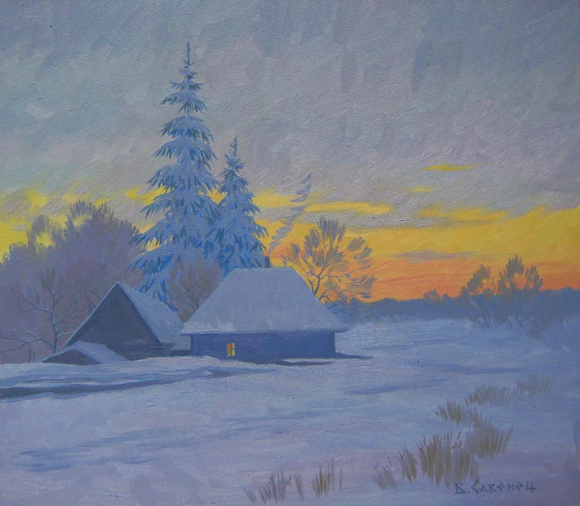 Oil painting Night after the storm by Valery Savenets: snowy cabin glowing at twilight