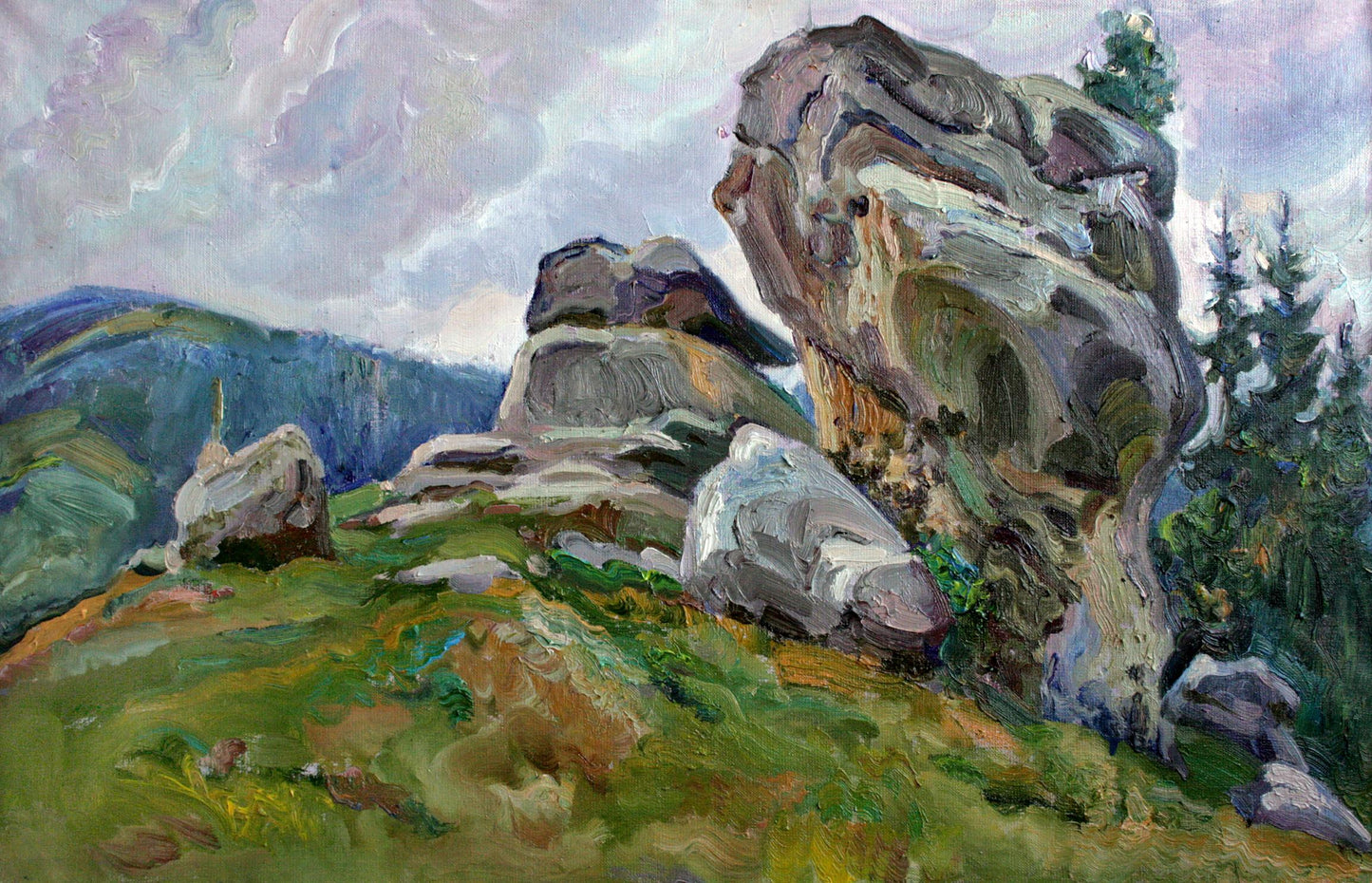 Oil painting of textured grayish-brown rocks by Leonid Pavlenko on grassy hill