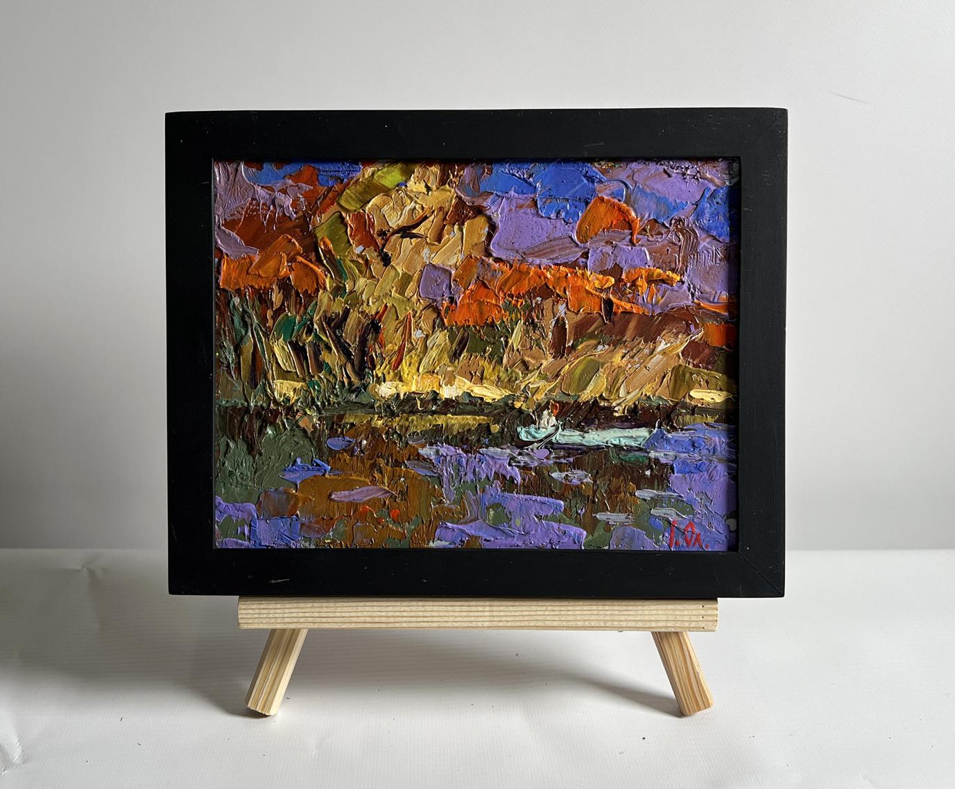 Oil painting Fishing in autumns by Oleksiy Ivanyuk, framed autumn trees