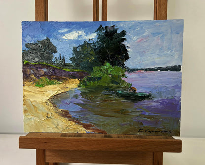 Oil painting Thoughts of a lonely fisherman by Boris Serdyuk lakeside scene