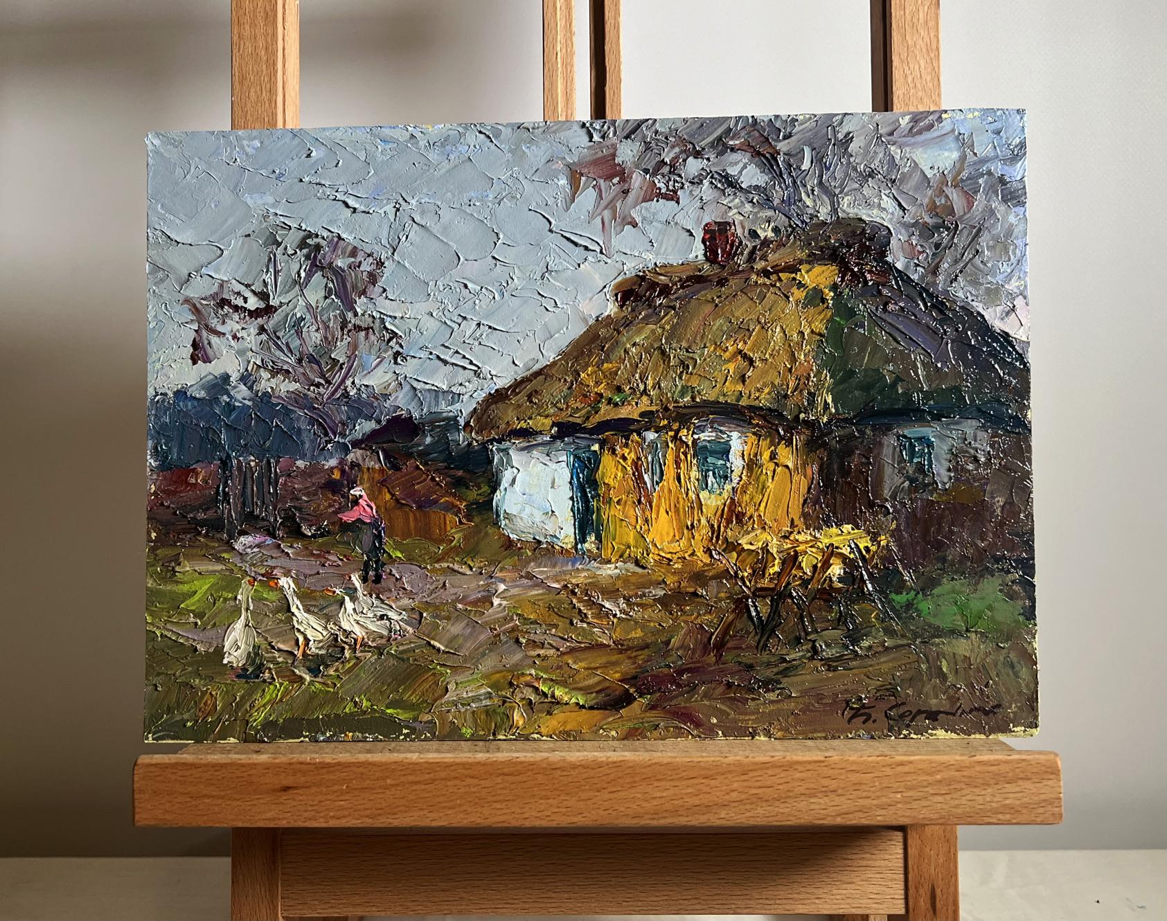 Oil painting Geese in the yard by Boris Serdyuk, rustic cottage with chickens