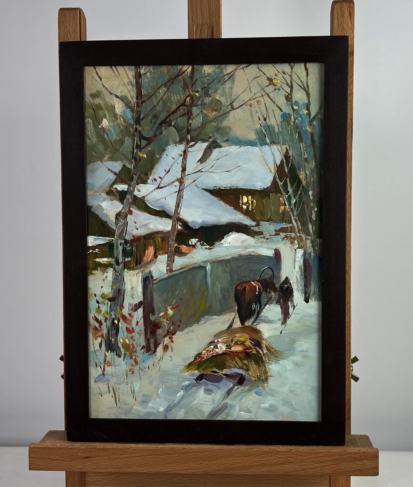 Framed Oil Painting Home on a Winter Evening by Yuriy Suprunchuk