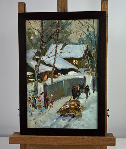 Framed Oil Painting Home on a Winter Evening by Yuriy Suprunchuk