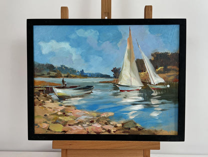 Framed impressionist oil painting of sailboats on calm waterway by Yuriy Suprunchuk