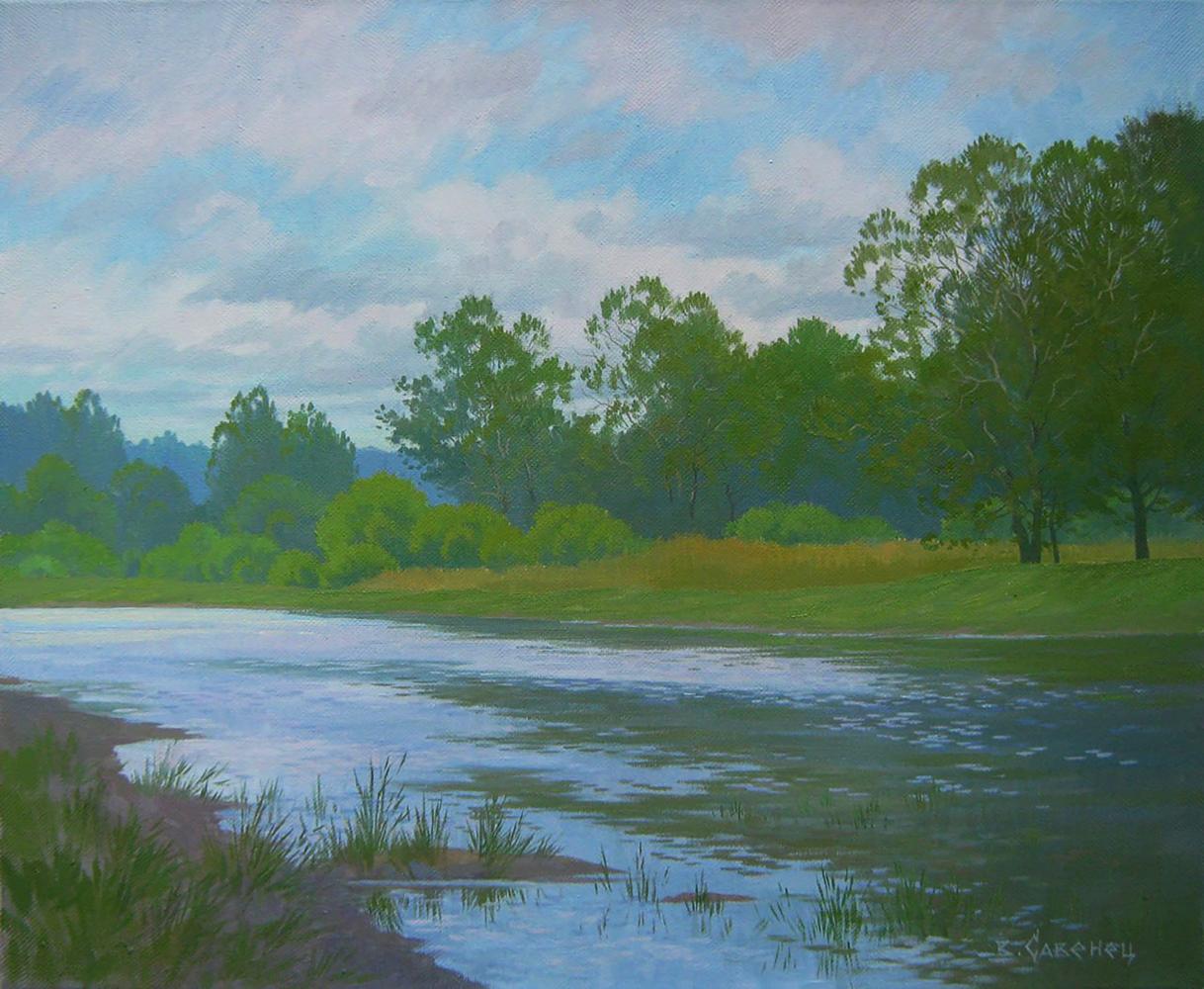 Serene Oil Painting On the Summer Lake by Valery Savenets, calm river reflection
