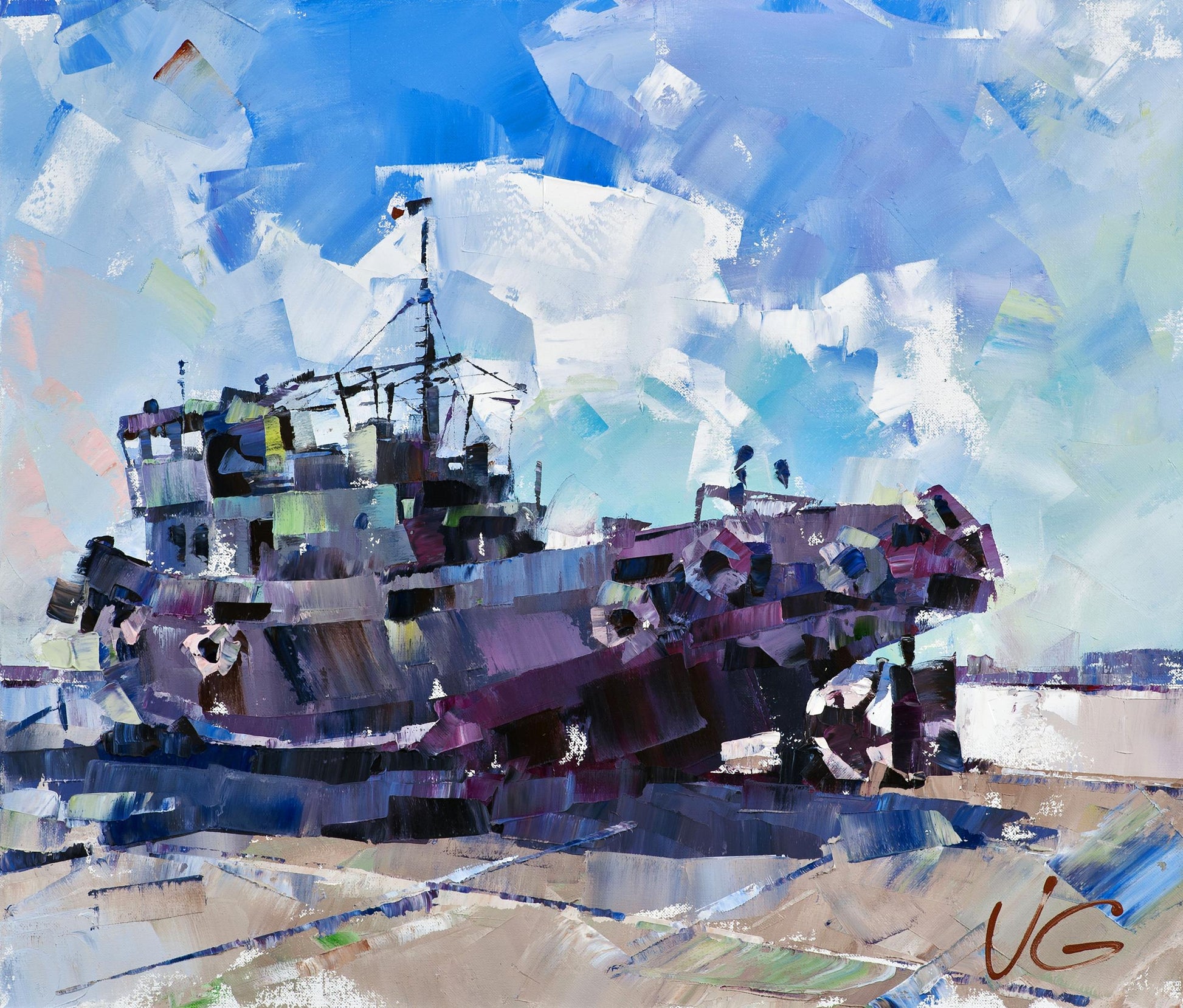 Oil painting Always strong Volodymyr Gluhomanyuk purple blue ship abstract