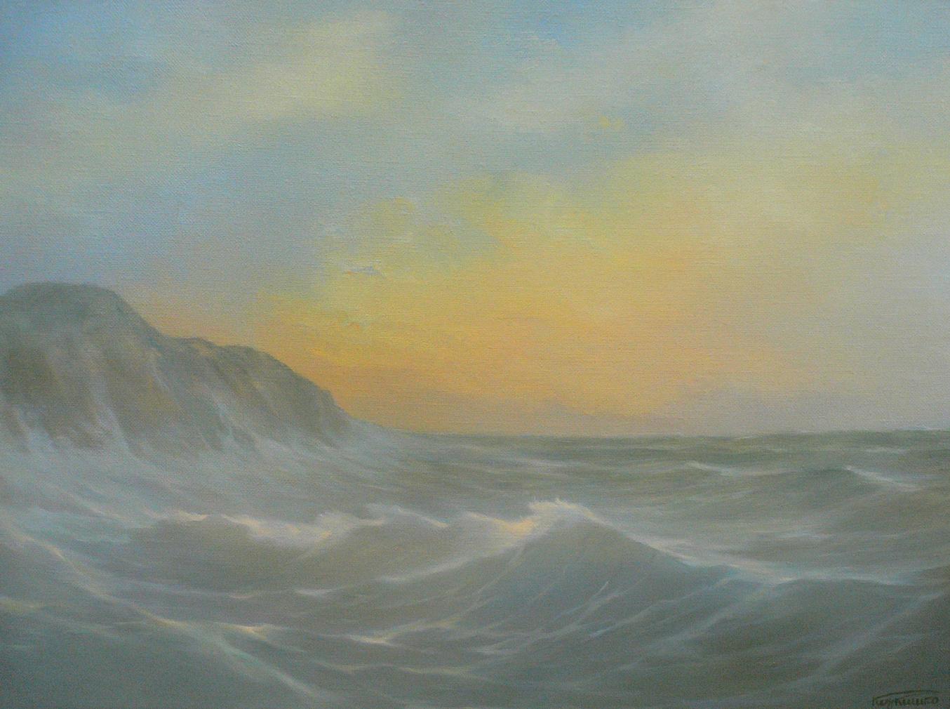 Oil painting Evening Waves by Vasily Korkishko: stormy waves crashing on misty cliff