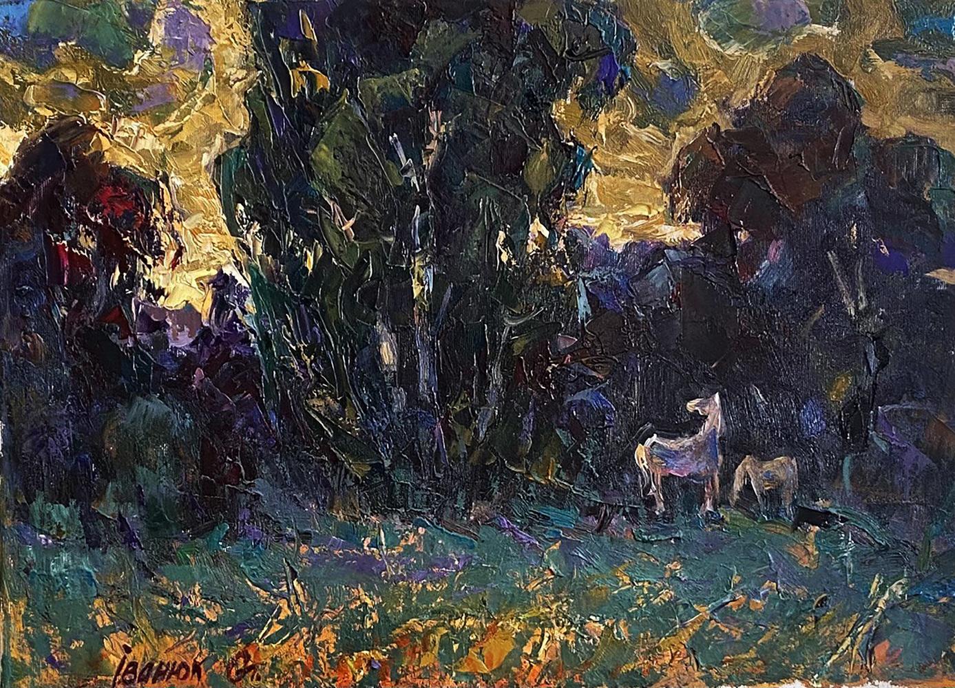 Oil painting Sunset over the forest by Oleksiy Ivanyuk with deer