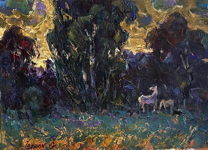 Oil painting Sunset over the forest by Oleksiy Ivanyuk with deer