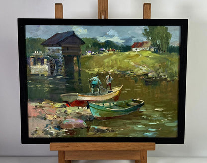 Oil painting by Yuriy Suprunchuk: fishermen boats near village waterwheel