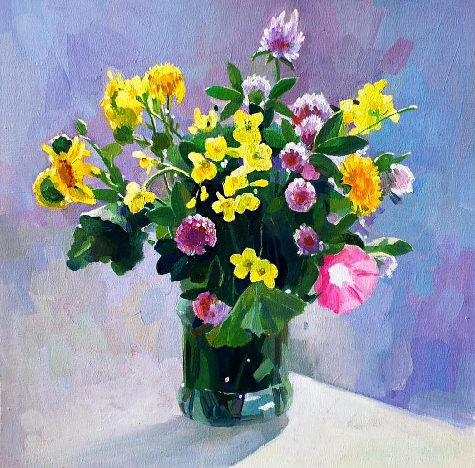 Oil painting of autumn wildflowers in yellow, pink, purple by Anastasia Yaroshevich