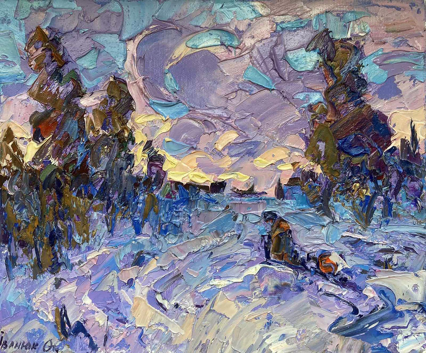 Oil painting Evening by Alex Ivanyuk: textured snowy landscape in purples, blues, yellows