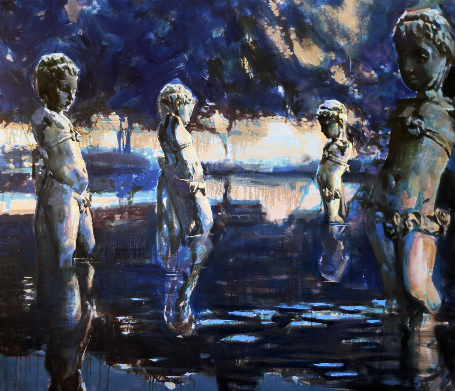 Oil painting by Garden Ed Potapenkov: four blue-toned stone cherubs by water