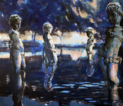 Oil painting by Garden Ed Potapenkov: four blue-toned stone cherubs by water