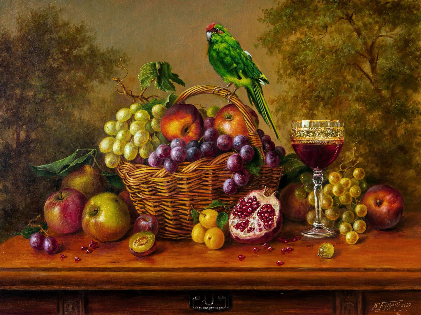 Oil painting He was green by Valeriy Bulat: wicker basket of grapes, apples, pomegranates, green parrot