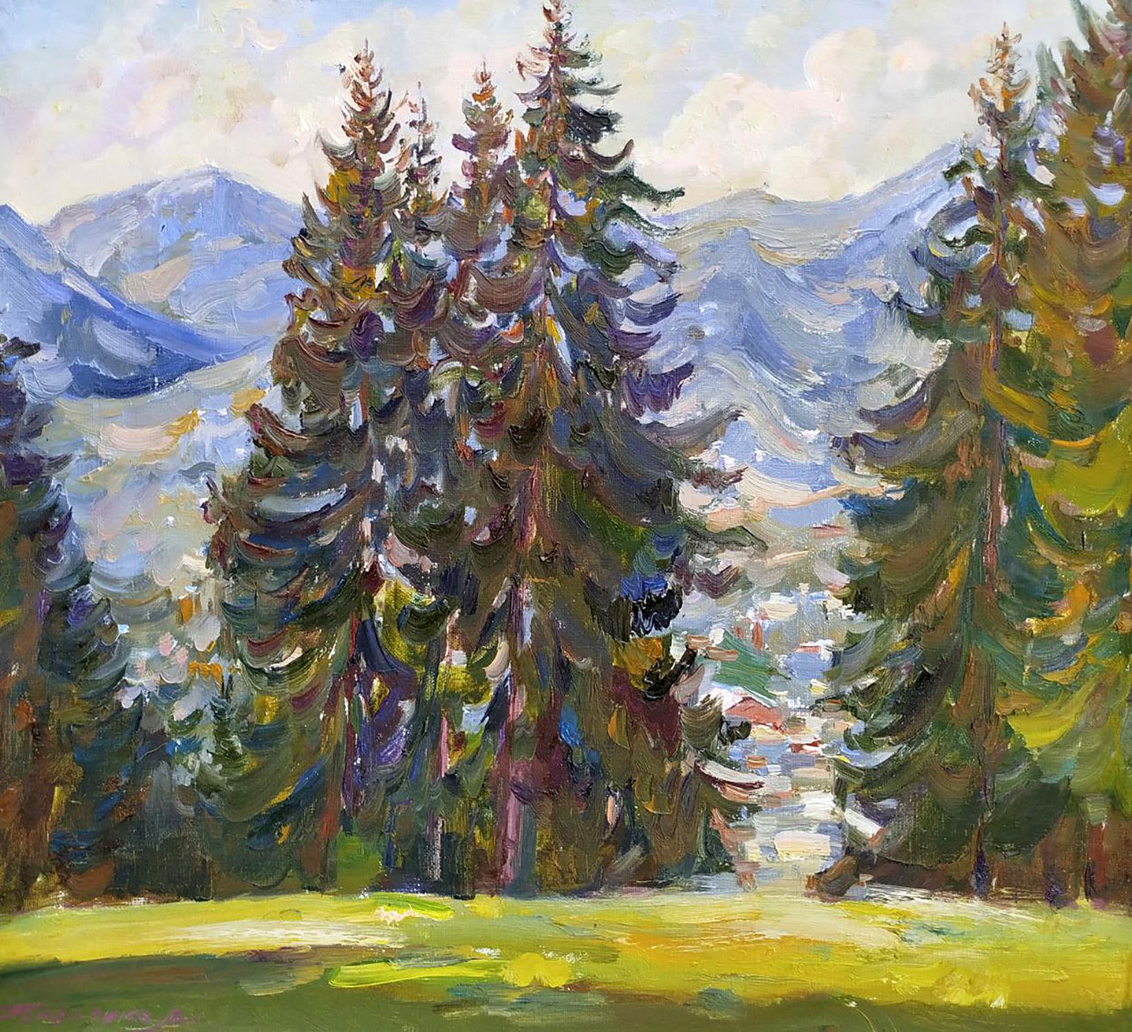 Oil painting of spruce trees by Leonid Pavlenko, impressionist evergreens