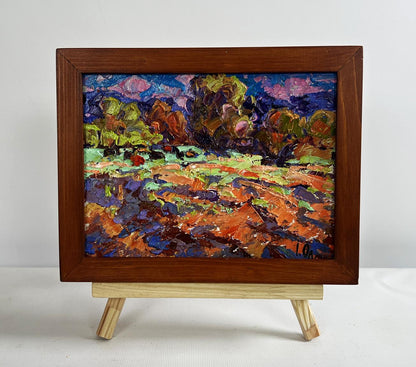 Oil painting Autumn evening meadows by Oleksiy Ivanyuk in wooden frame