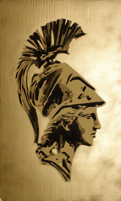 Bronze stylized Athena warrior profile in crested helmet by Dima Filatov acrylic painting