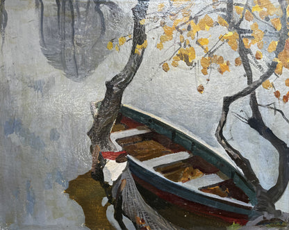 Oil painting Silence by Boris Kolesnik: weathered rowboat under autumn leaves