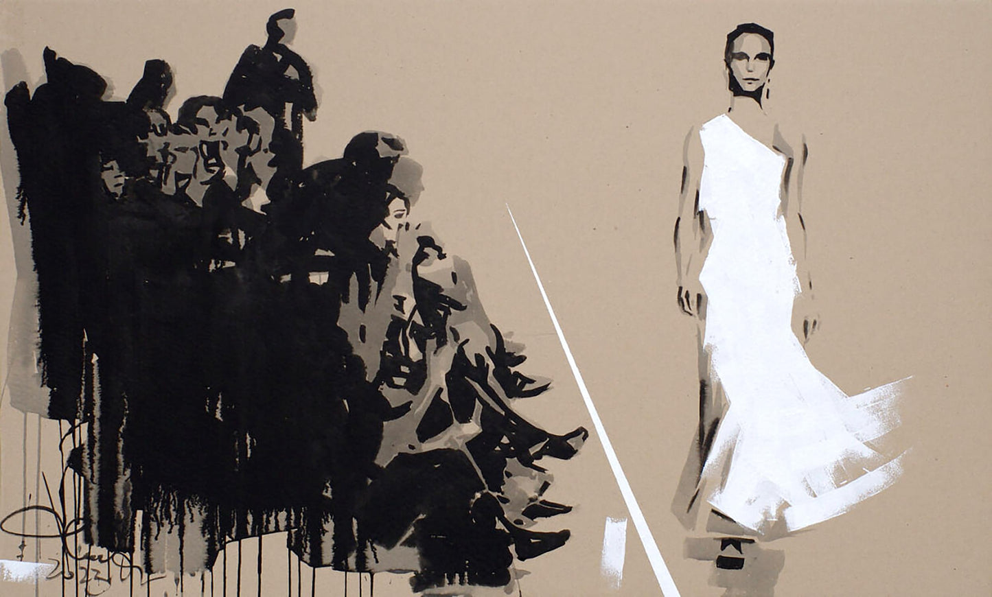 Minimalist podium painting by Dima Filatov: woman in white gown vs dark silhouettes